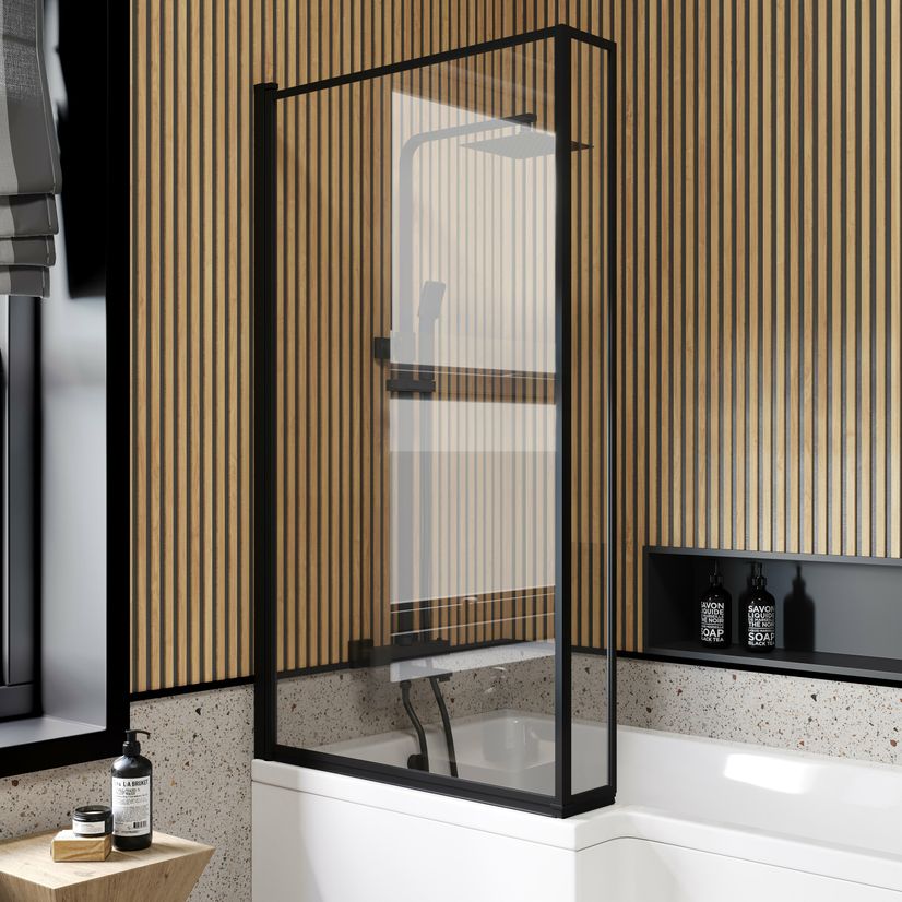 L Shaped 1600 Shower Bath with Front Panel & 6mm Easy Clean Matt Black Framed Bath Screen - Left Handed
