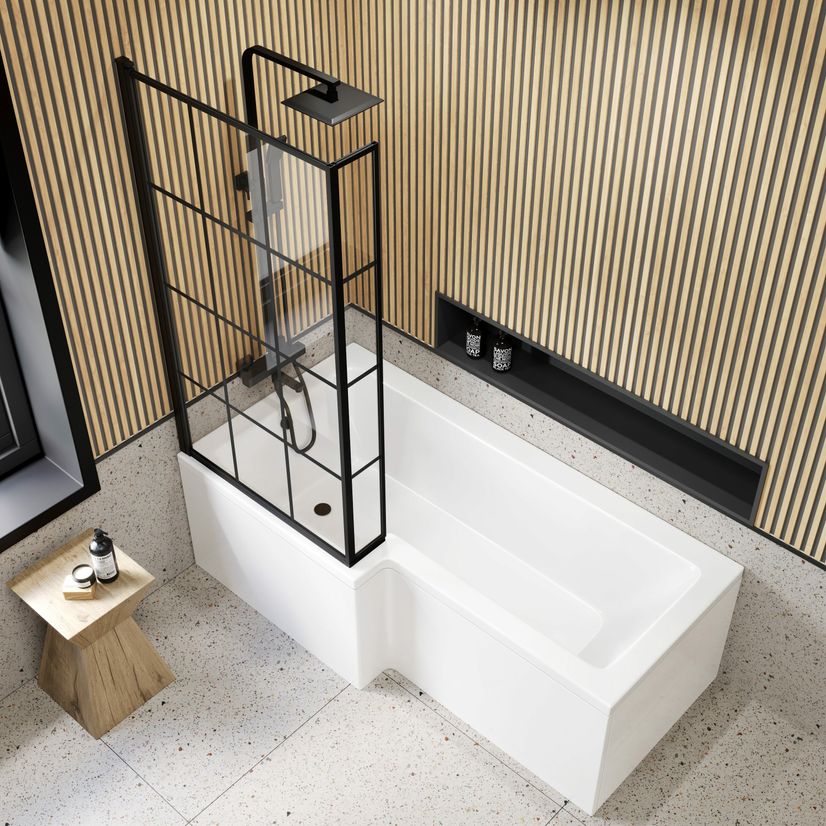 L Shaped 1700 Shower Bath with Front Panel & 6mm Easy Clean Matt Black Crittall Bath Screen - Left Handed