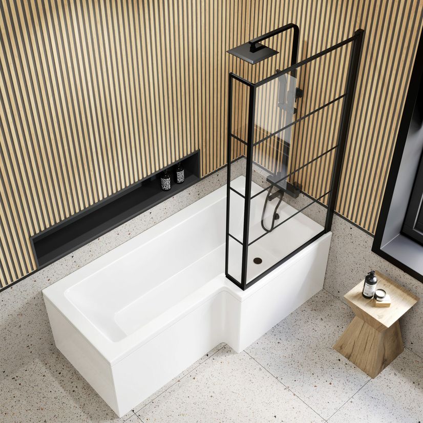 L Shaped 1700 Shower Bath with Front Panel & 6mm Easy Clean Matt Black Grid Bath Screen - Right Handed