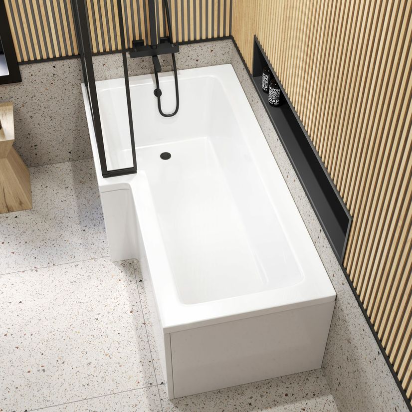 L Shaped 1700 Shower Bath with Front Panel & 6mm Easy Clean Matt Black Framed Bath Screen - Left Handed