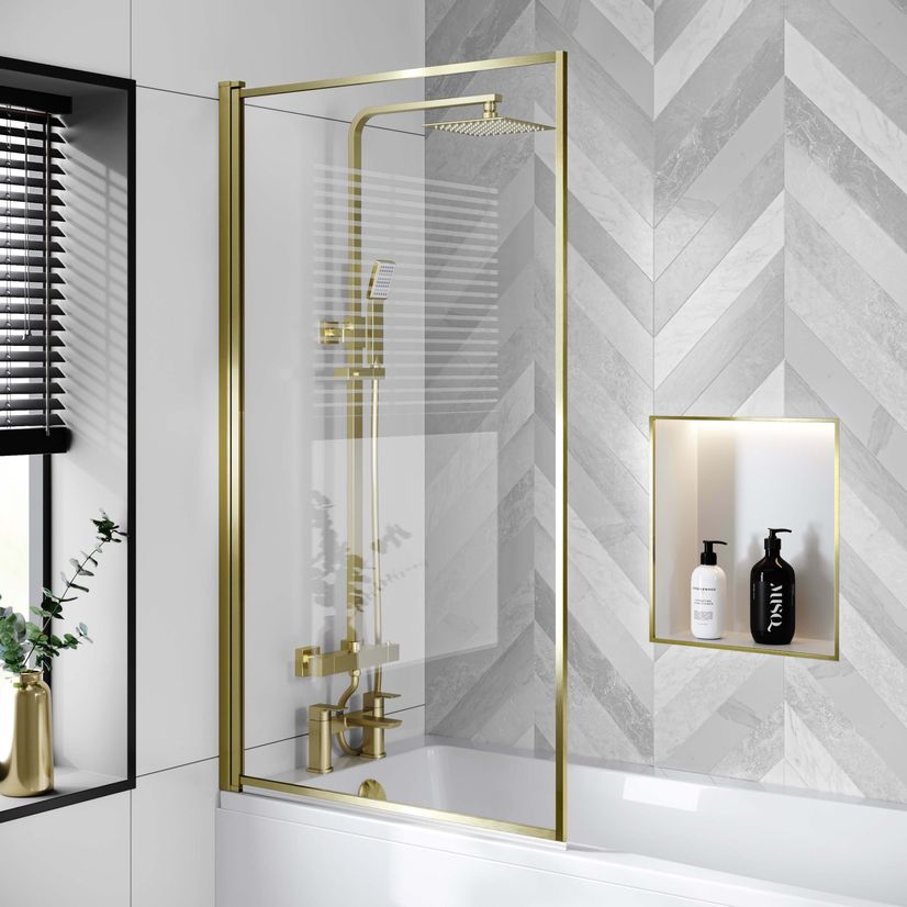 Hereford 1500x700 Square Shower Bath & 6mm Easy Clean Brushed Brass Framed Bath Screen