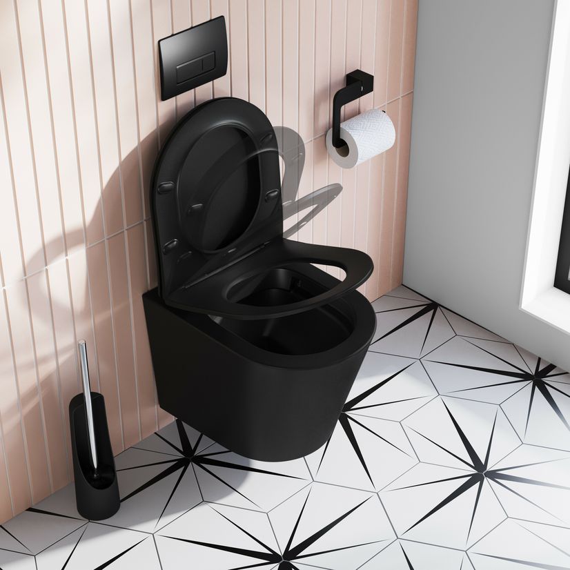 Boston Matt Black Rimless Wall Hung Toilet With Premium Soft Close Seat