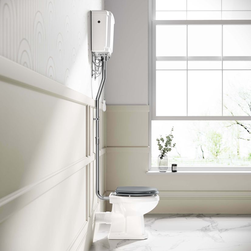 Hudson Traditional Toilet With High-Level Cistern and Dove Grey Wooden Seat