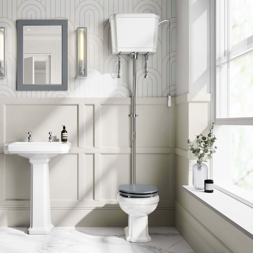 Hudson Traditional High-Level Toilet With Dove Grey Seat & Pedestal Basin - Double Tap Hole