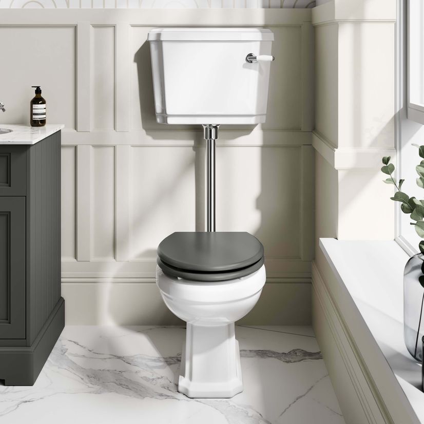 Hudson Traditional Toilet With Low-Level Cistern and Graphite Grey Wooden Seat