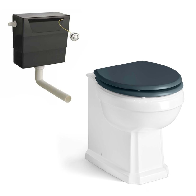 Hudson Traditional Back To Wall Toilet With Inky Blue Wooden Seat and Concealed Cistern