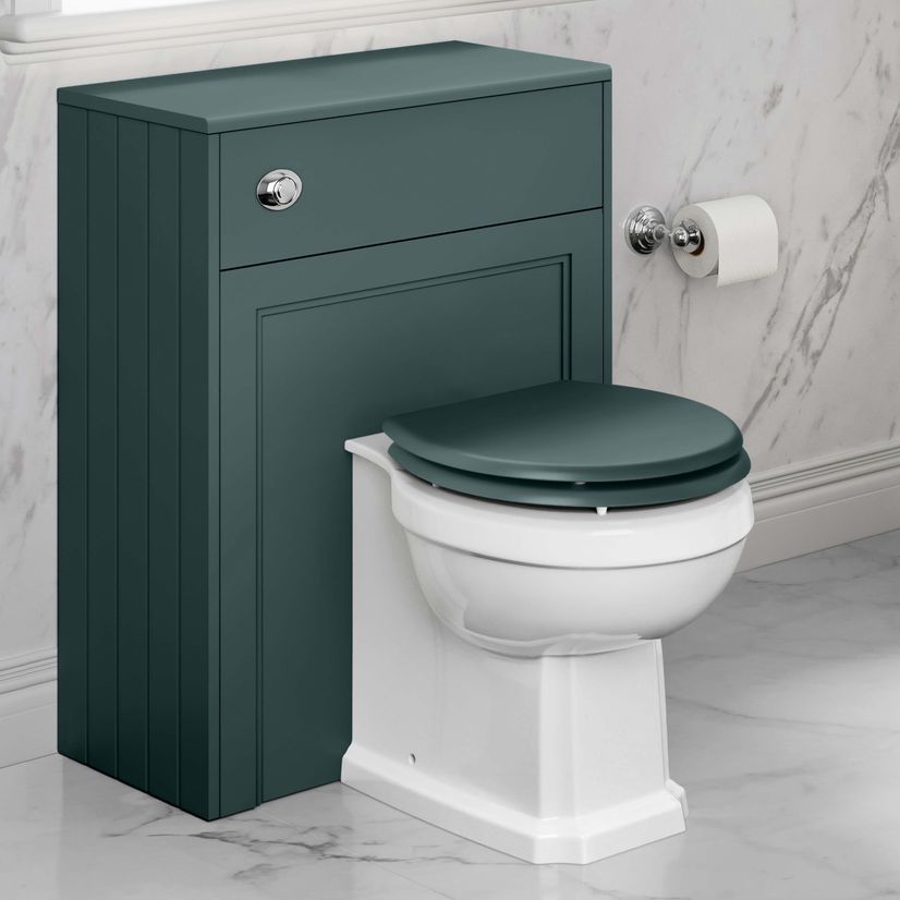 Hudson Traditional Back To Wall Toilet With Midnight Green Wooden Seat and Concealed Cistern