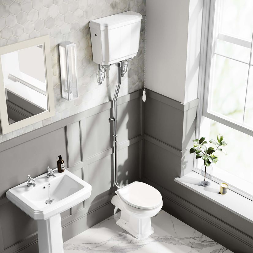 Hudson Traditional Close Coupled Toilet With High-level Cistern & Pedestal Basin Set - Double Tap Hole