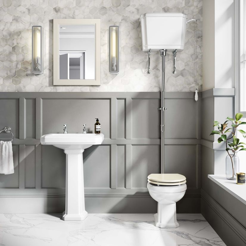 Hudson Traditional High-Level Toilet With Chalk White Seat & Pedestal Basin - Double Tap Hole