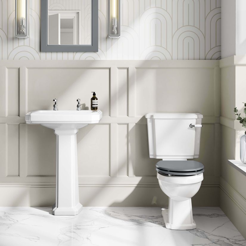 Hudson Traditional Toilet With Dove Grey Seat & Pedestal Basin Set - Double Tap Hole