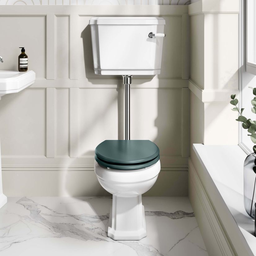 Hudson Traditional Low-Level Toilet With Midnight Green Seat & Pedestal Basin - Single Tap Hole