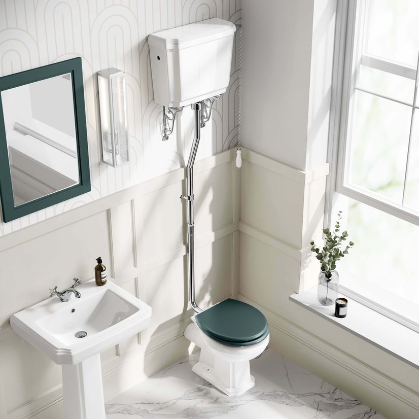 Hudson Traditional High-Level Toilet With Midnight Green Seat & Pedestal Basin - Single Tap Hole