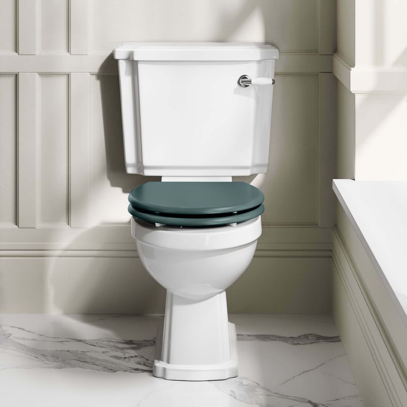 Hudson Traditional Toilet With Midnight Green Seat & Pedestal Basin Set - Double Tap Hole