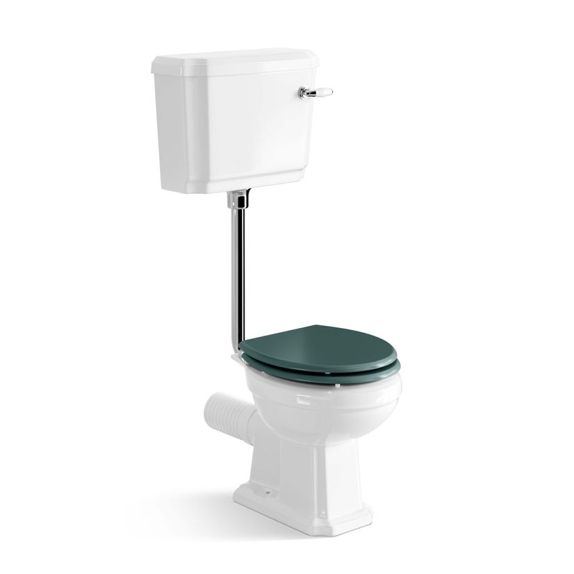 Hudson Traditional Low-Level Toilet With Midnight Green Seat & Pedestal Basin - Double Tap Hole
