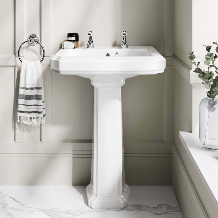 Hudson Traditional High-Level Toilet With Midnight Green Seat & Pedestal Basin - Double Tap Hole