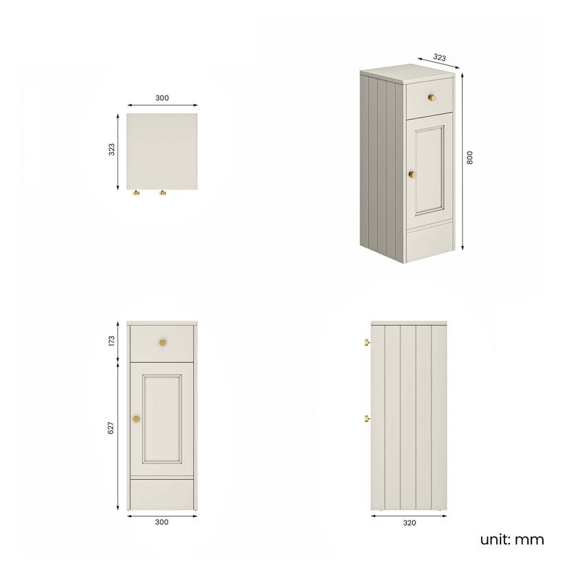 Monaco Chalk White Side Cabinet Unit 300mm - Brushed Brass Accents