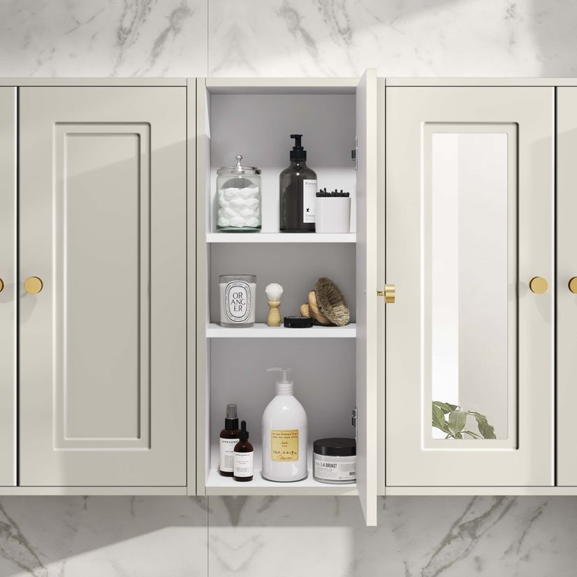 Chalk White Wall Hung Cabinet 700x300mm - Brushed Brass Accents