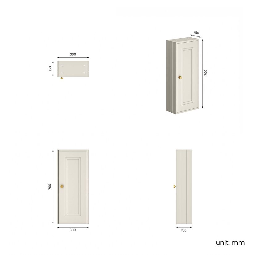 Chalk White Wall Hung Cabinet 700x300mm - Brushed Brass Accents