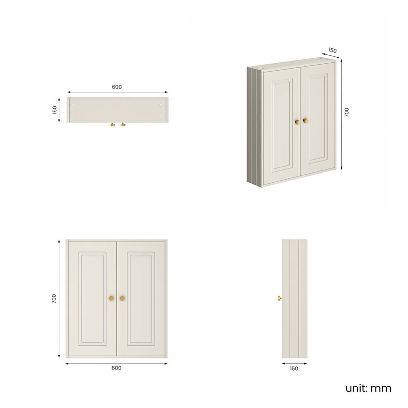 Chalk White Wall Hung Cabinet 700x600mm - Brushed Brass Accents