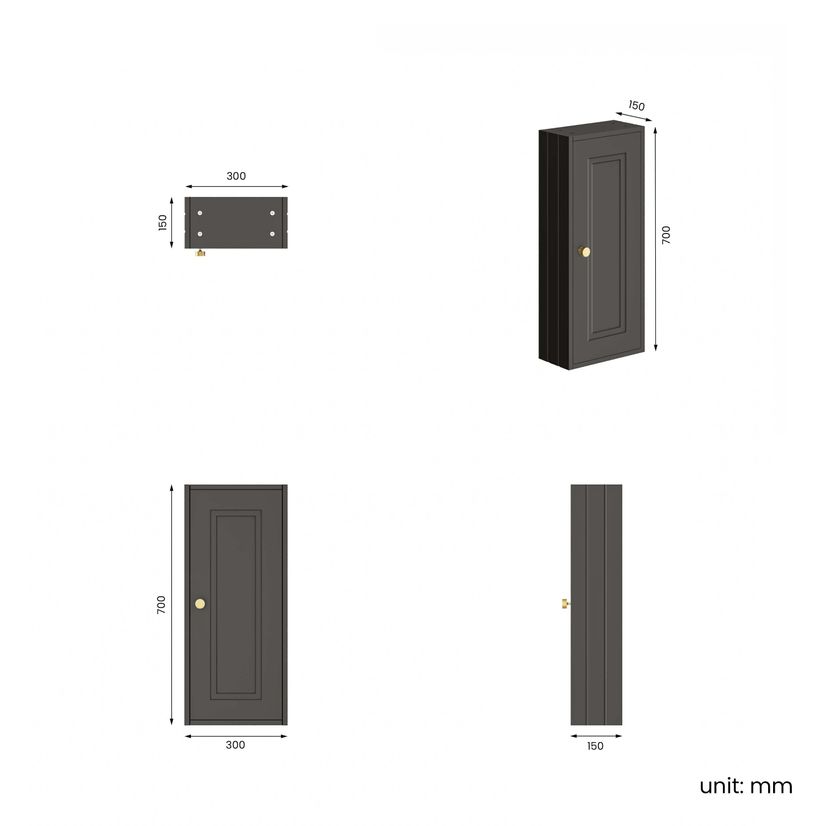 Graphite Grey Wall Hung Cabinet 700x300mm - Brushed Brass Accents