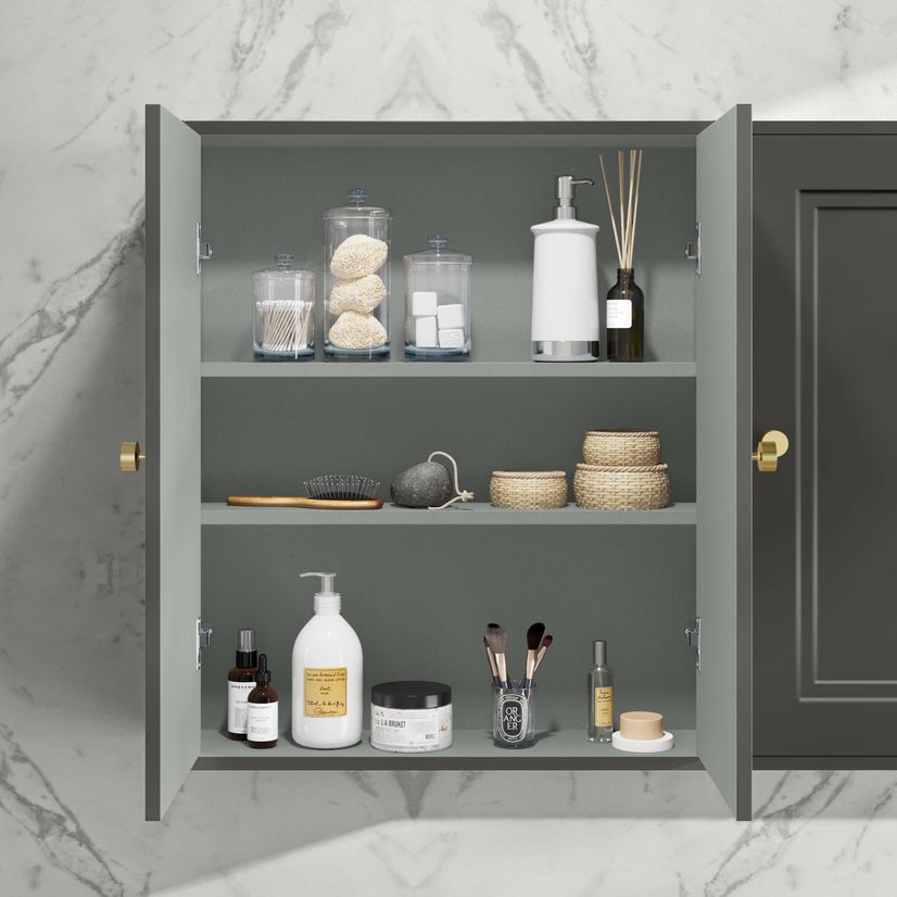 Graphite Grey Wall Hung Cabinet 700x600mm - Brushed Brass Accents