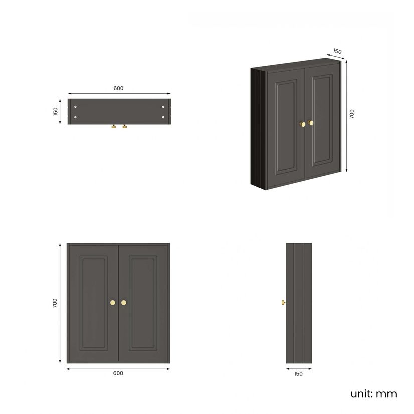 Graphite Grey Wall Hung Cabinet 700x600mm - Brushed Brass Accents