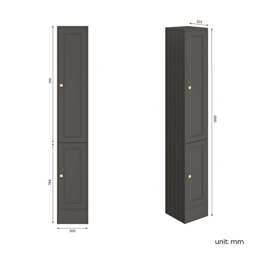 Monaco Graphite Grey Floor Standing Tall Cabinet Unit 1900x300mm - Brushed Brass Accents