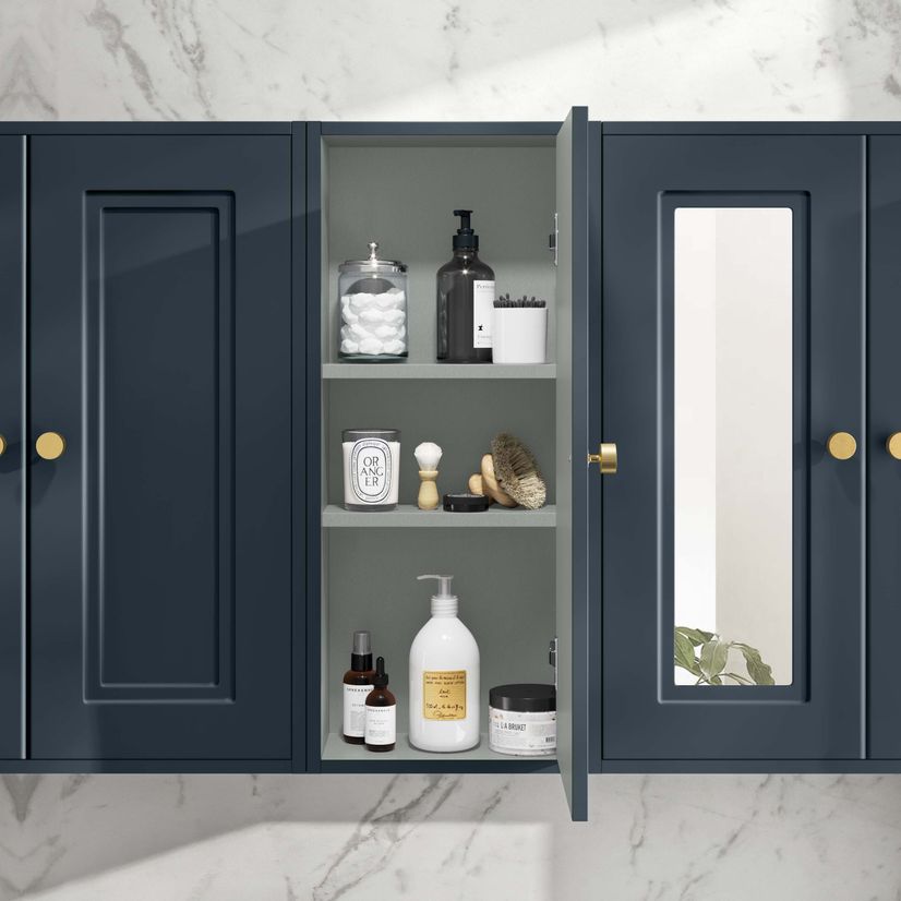 Inky Blue Wall Hung Cabinet 700x300mm - Brushed Brass Accents