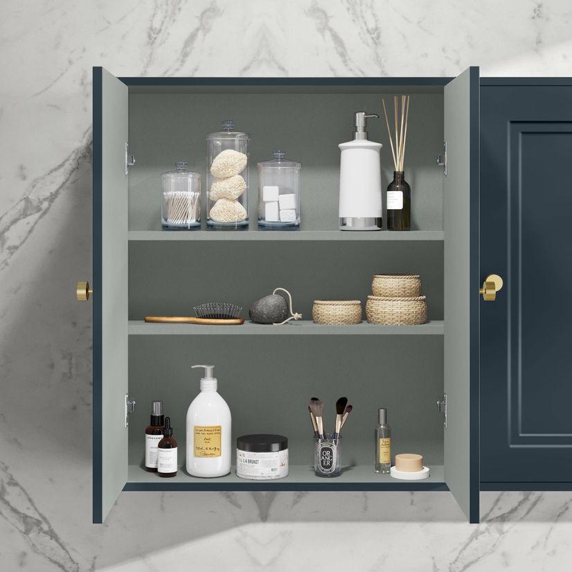 Inky Blue Wall Hung Cabinet 700x600mm - Brushed Brass Accents