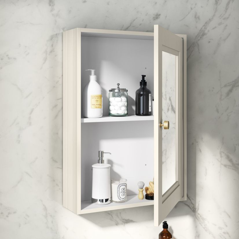 Chalk White Mirror Cabinet 700x500mm - Brushed Brass Accents