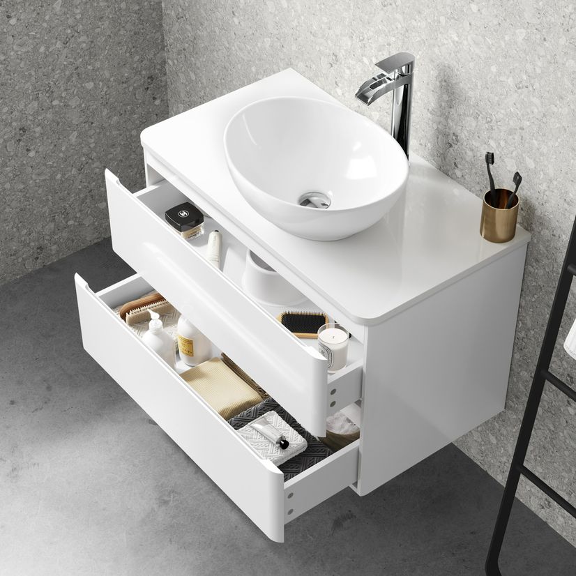 Corsica Gloss White Wall Hung Drawer Vanity With Oval Counter Top Basin 800mm