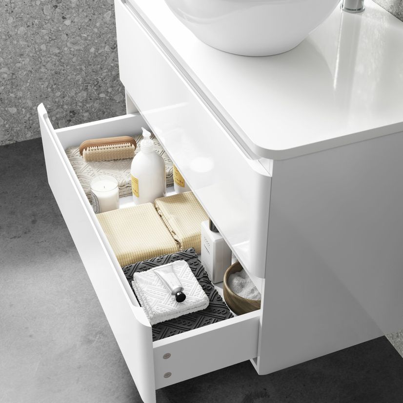 Corsica Gloss White Wall Hung Drawer Vanity With Oval Counter Top Basin 800mm