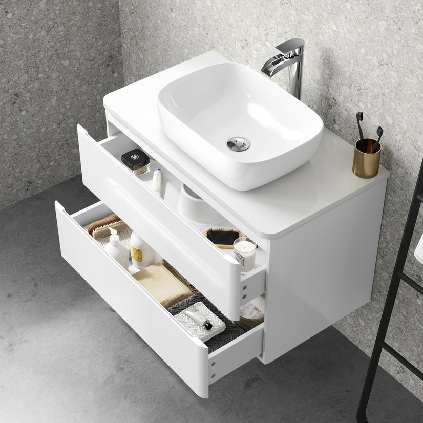 Corsica Gloss White Wall Hung Drawer Vanity With Curved Counter Top Basin 800mm