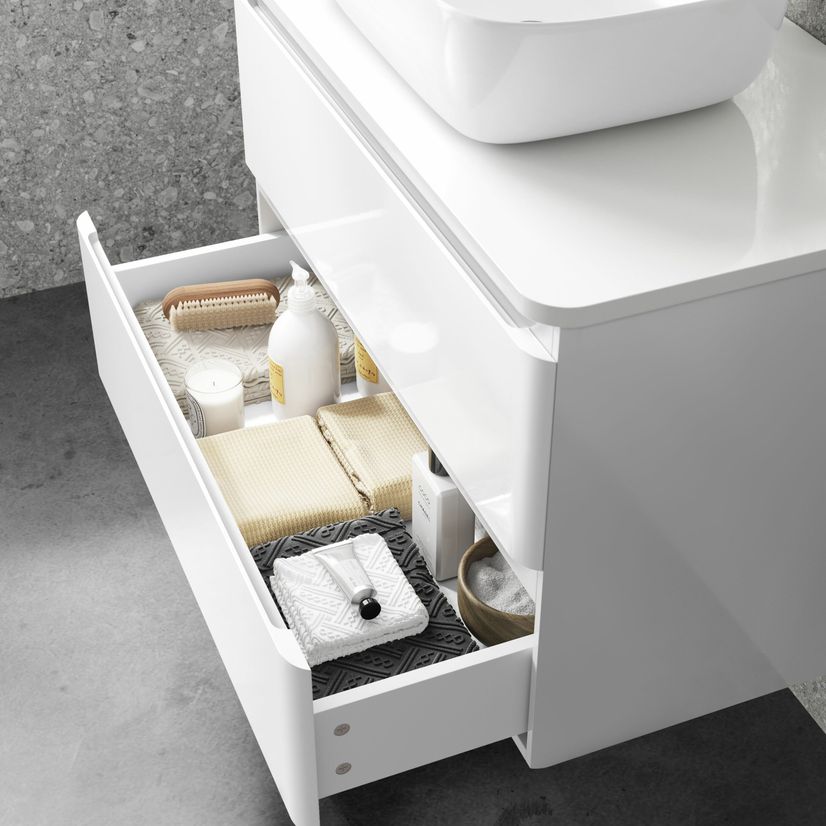 Corsica Gloss White Wall Hung Drawer Vanity With Curved Counter Top Basin 800mm
