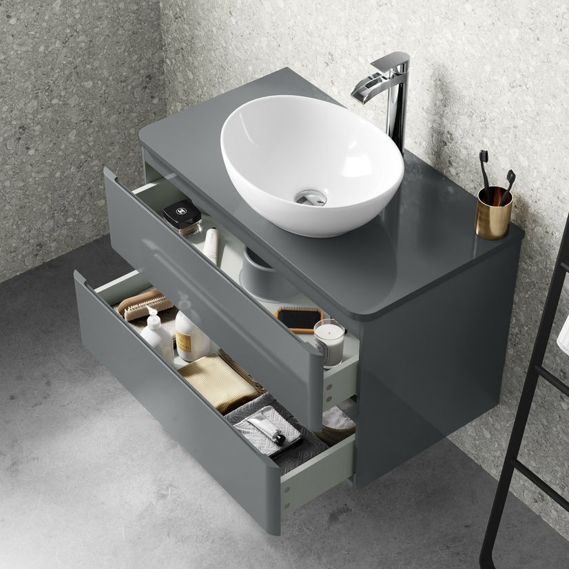 Corsica Storm Grey Wall Hung Drawer Vanity With Oval Counter Top Basin 800mm