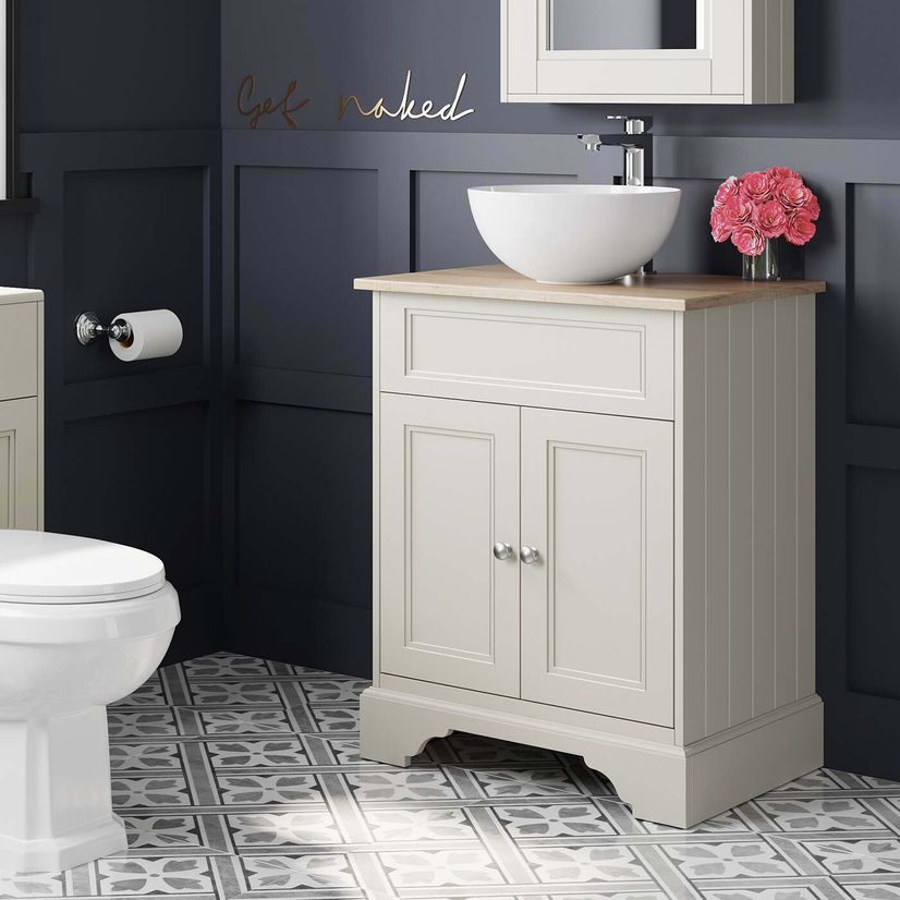 Lucia Chalk White Vanity With Oak Effect Top & Round Counter Top Basin 640mm
