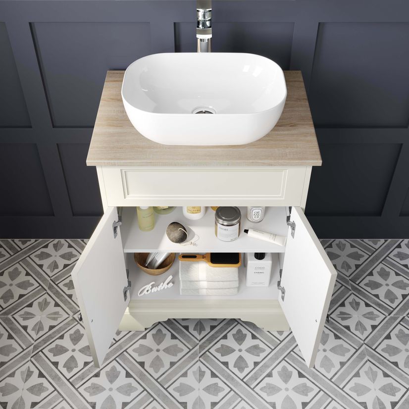 Lucia Chalk White Vanity With Oak Effect Top & Curved Counter Top Basin 640mm