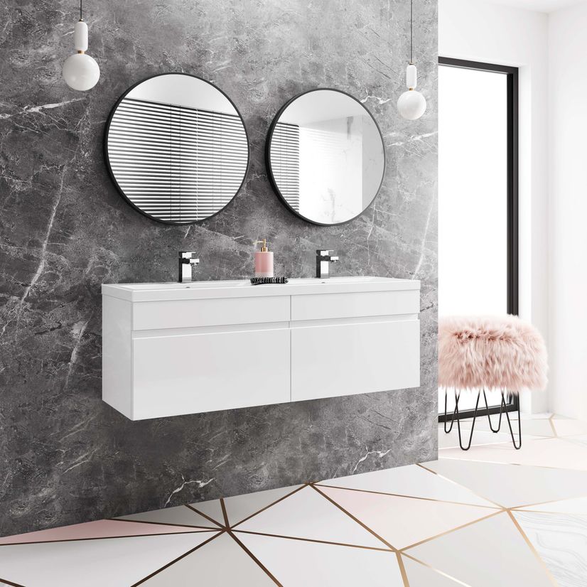 Trent Gloss White Wall Hung Double Basin Drawer Vanity 1200mm