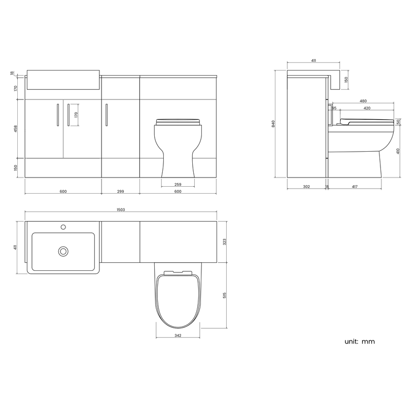 Harper Gloss White Combination Vanity Basin and Seattle Toilet 1500mm
