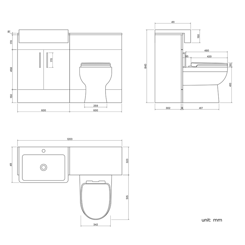 Harper Stone Grey Combination Vanity Basin and Seattle Toilet 1200mm