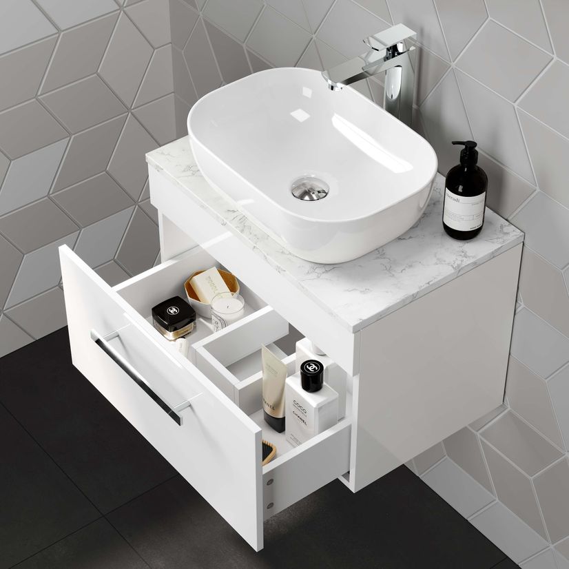 Avon Gloss White Wall Hung Drawer Vanity with Marble Top & Curved Counter Top Basin 600mm