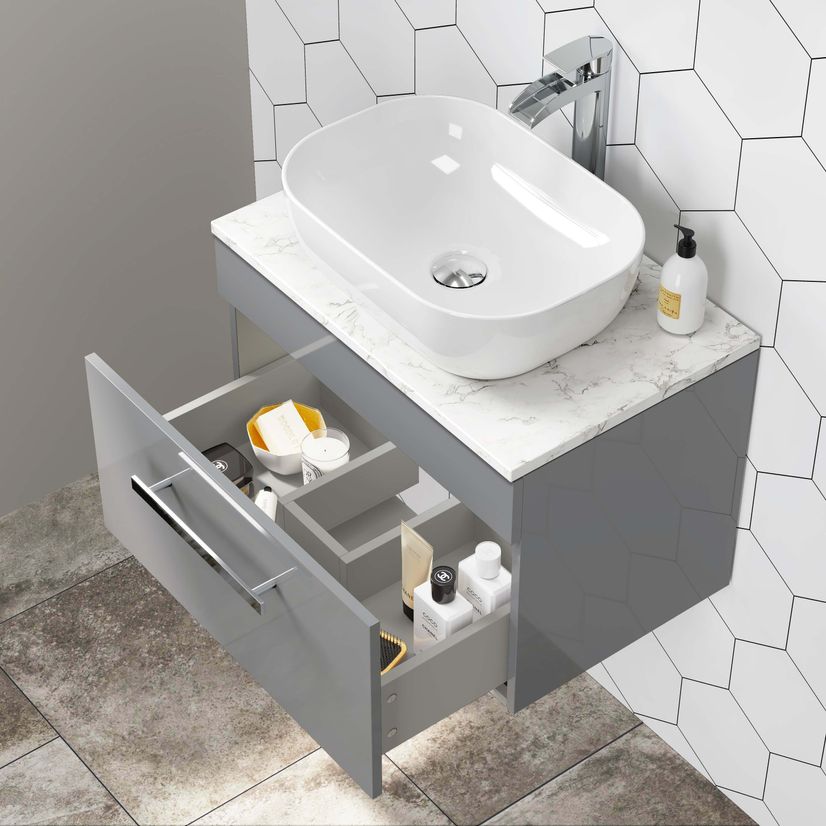 Avon Stone Grey Wall Hung Drawer Vanity with Marble Top & Curved Counter Top Basin 600mm