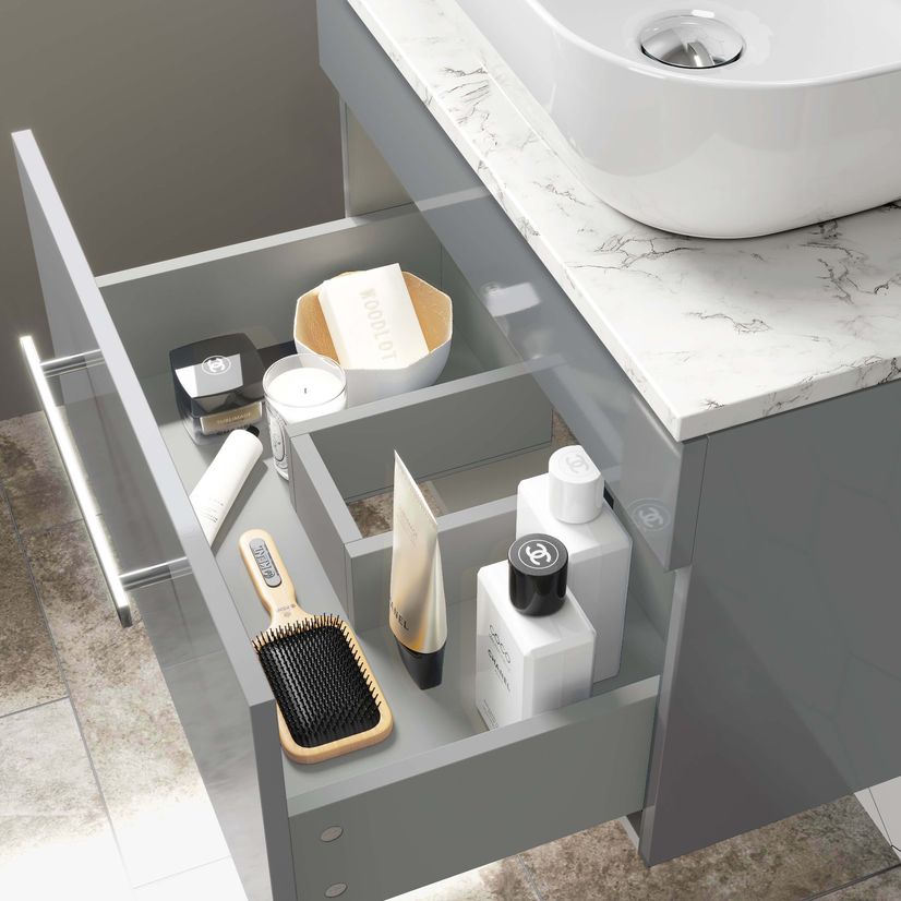 Avon Stone Grey Wall Hung Drawer Vanity with Marble Top & Curved Counter Top Basin 600mm
