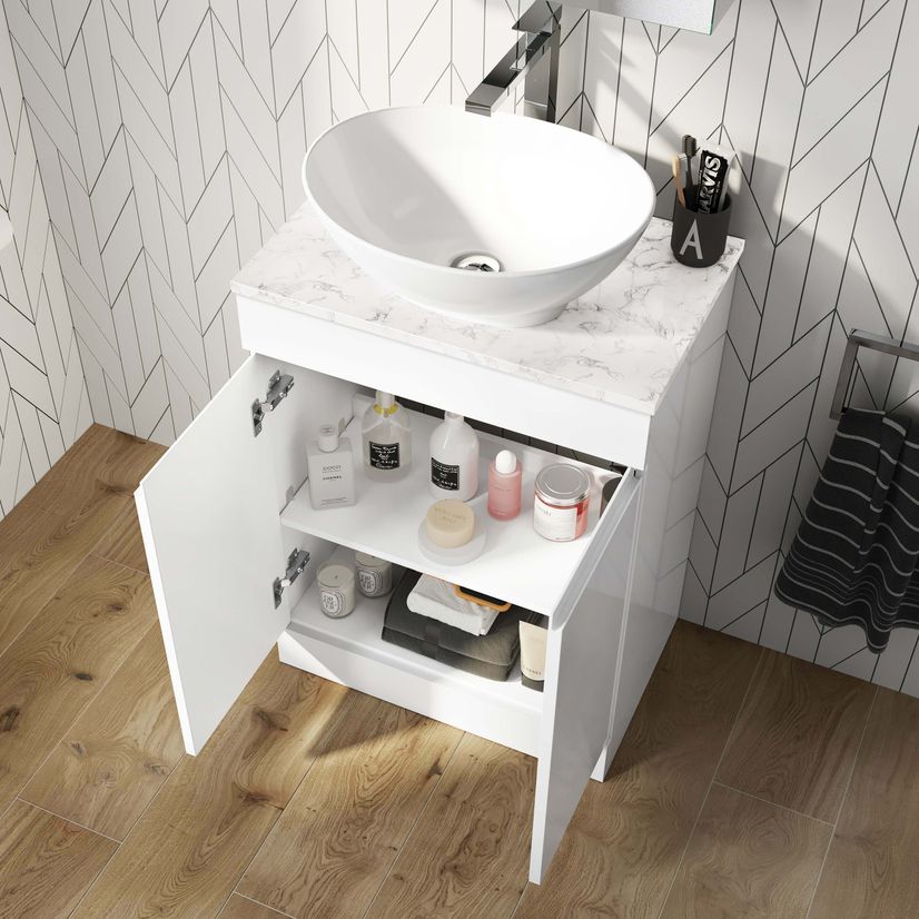 Trent Gloss White Vanity with Marble Top & Oval Counter Top Basin 600mm