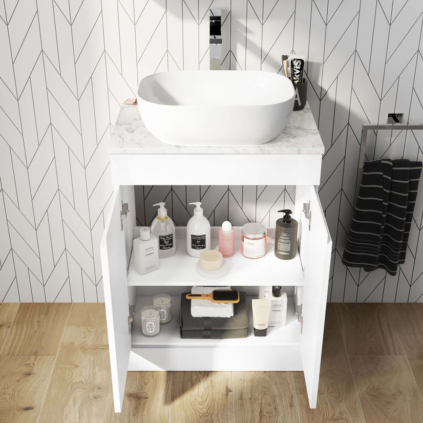 Trent Gloss White Vanity with Marble Top & Curved Counter Top Basin 600mm