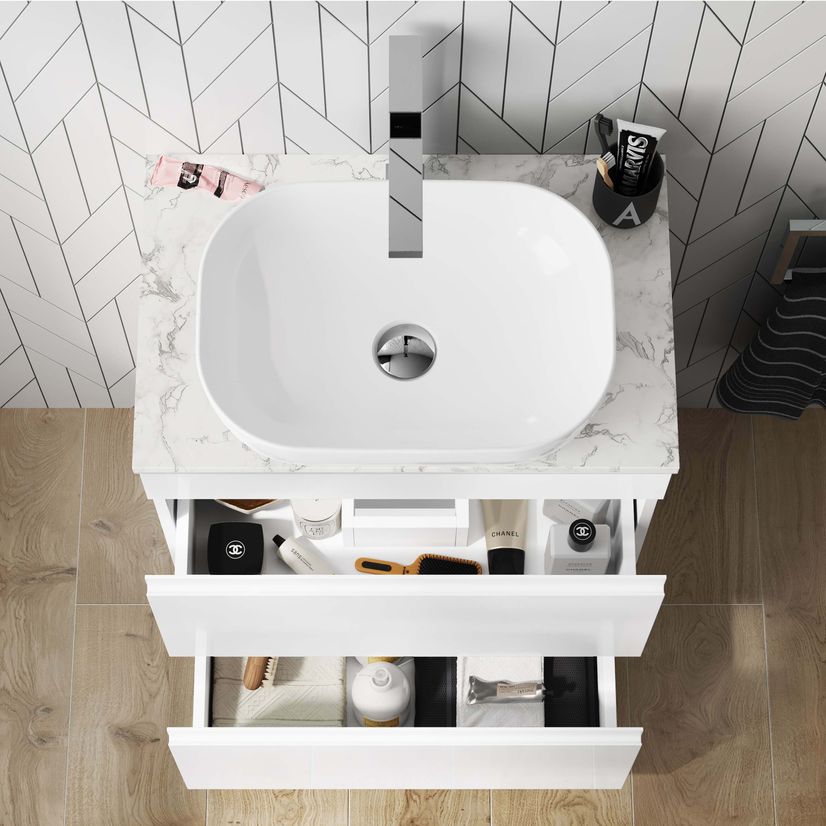 Trent Gloss White Vanity Drawer with Marble Top & Curved Counter Top Basin 600mm