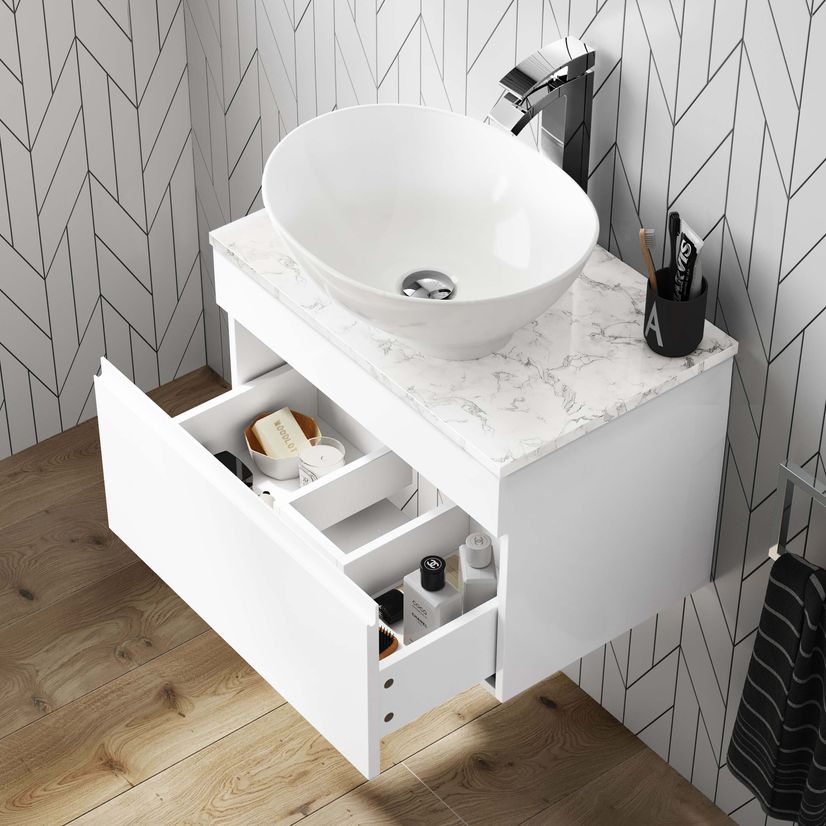 Trent Gloss White Wall Hung Drawer Vanity with Marble Top & Oval Counter Top Basin 600mm