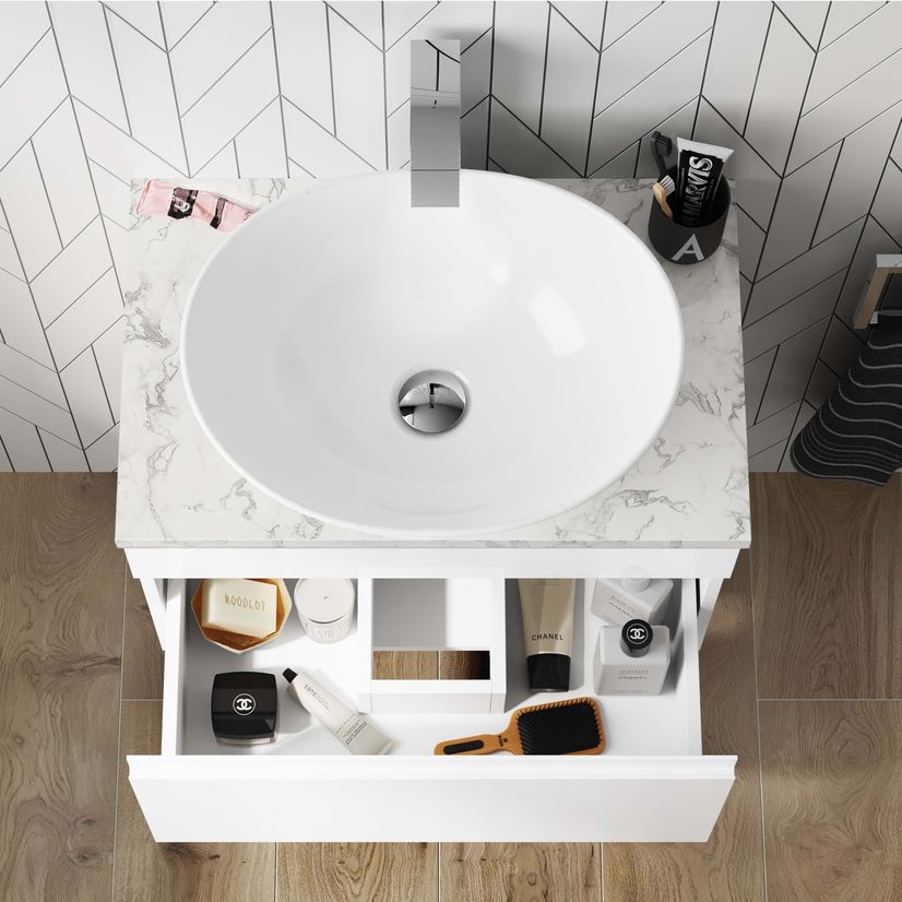 Trent Gloss White Wall Hung Drawer Vanity with Marble Top & Oval Counter Top Basin 600mm