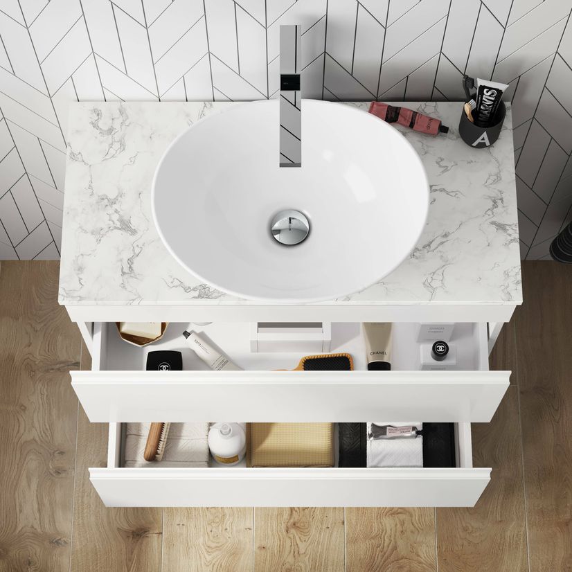 Trent Gloss White Vanity Drawer with Marble Top & Oval Counter Top Basin 800mm