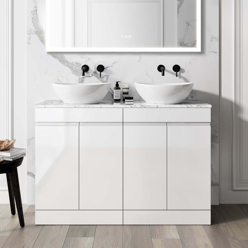 Trent Gloss White Double Vanity with Marble Top & Oval Counter Top Basin 1200mm
